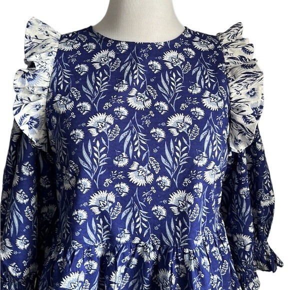Universal Thread Blue Floral Print Puff 3/4 Sleeve Ruffle Top Blouse Size Small - Picture 6 of 16
